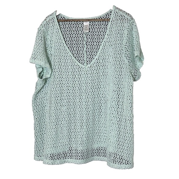 Avon mint green boho Crocheted V Neck Short Sleeve Blouse 3x Sheer Beachy - Picture 1 of 5